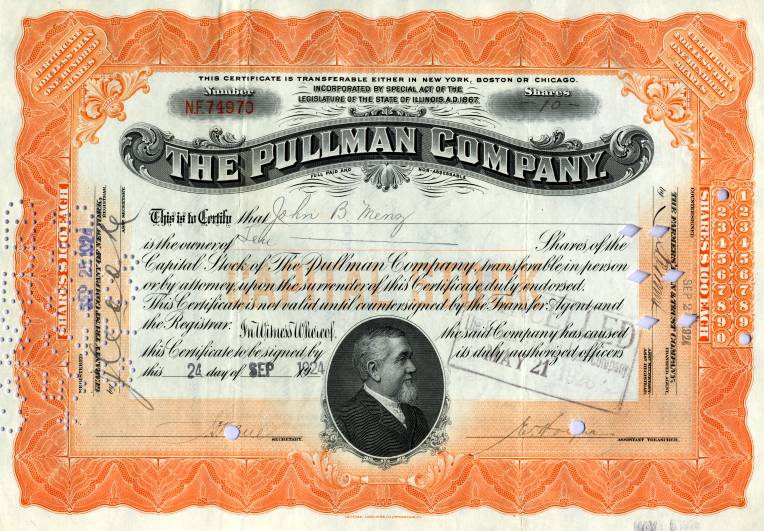Pullman Company Stock Certificate - Famous sleeper train car manufacturer  1924 - Scripophily.com | Collect Stocks and Bonds | Old Stock Certificates  for Sale | Old Stock Research | RM Smythe |